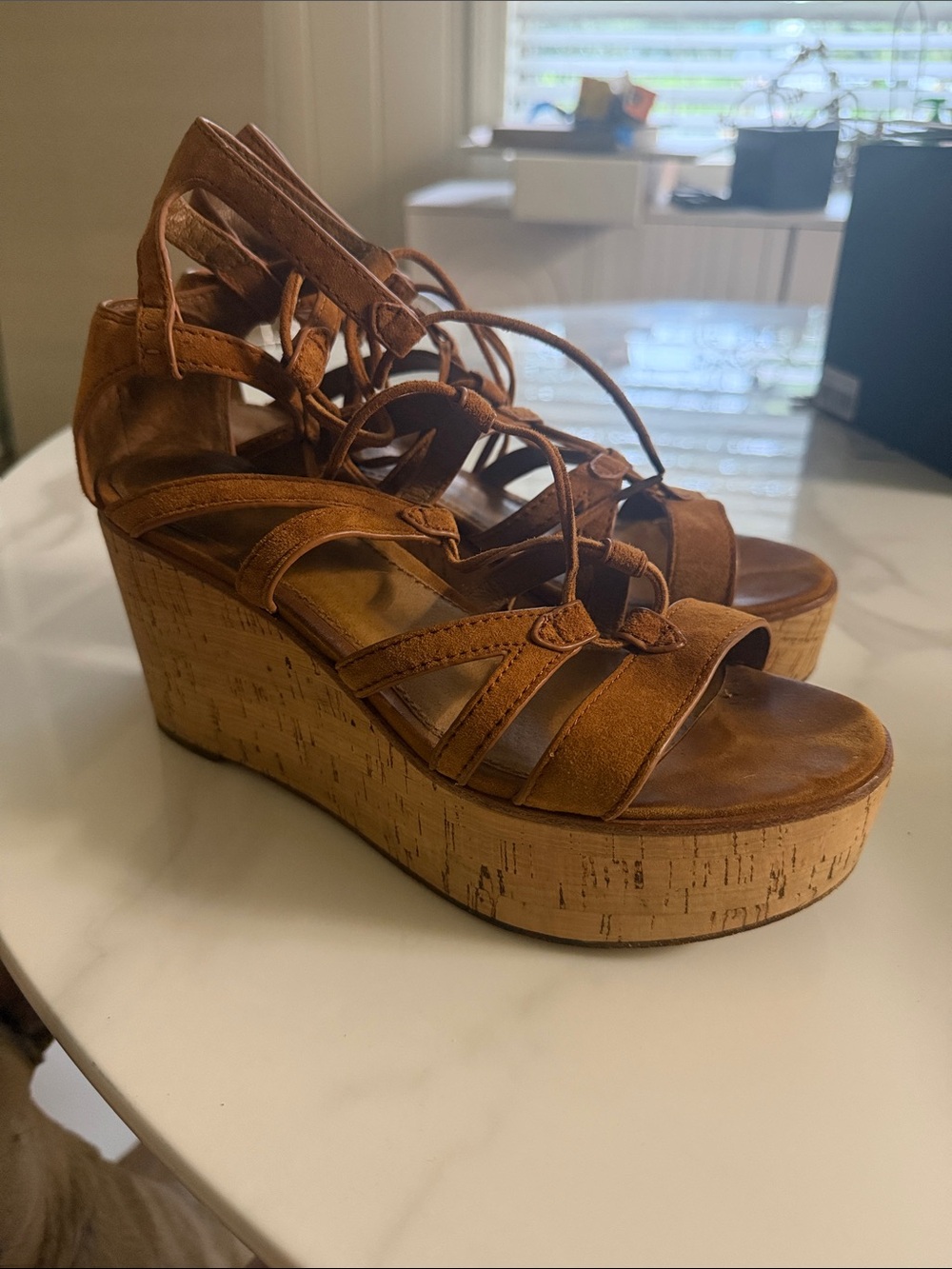 Frye Tan Suede Cork Platform Lace-Up Wedges